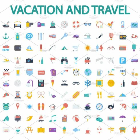 Vacation and travel icons set. cover image.