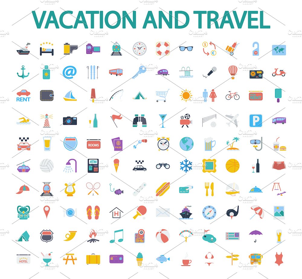 Vacation and travel icons set. cover image.