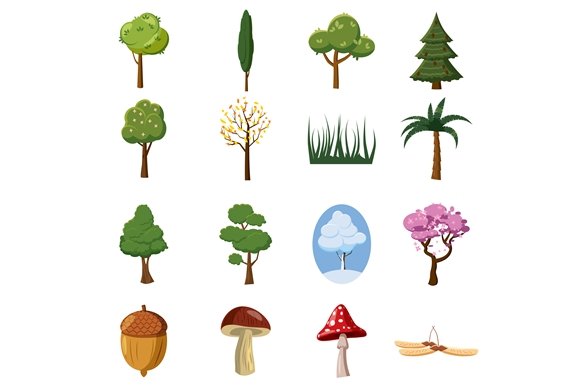 Forest icons set, cartoon style cover image.