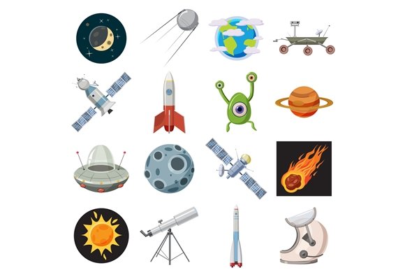 Space icons set, cartoon style cover image.