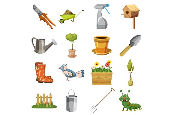 Garden icons set, cartoon style cover image.