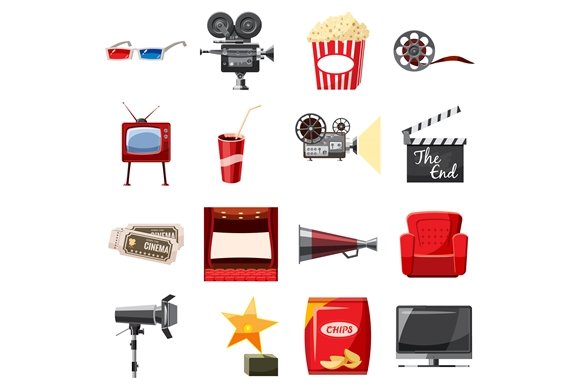 Cinema icons set in cartoon style cover image.