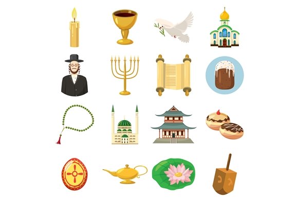 Religion icons set, cartoon style cover image.