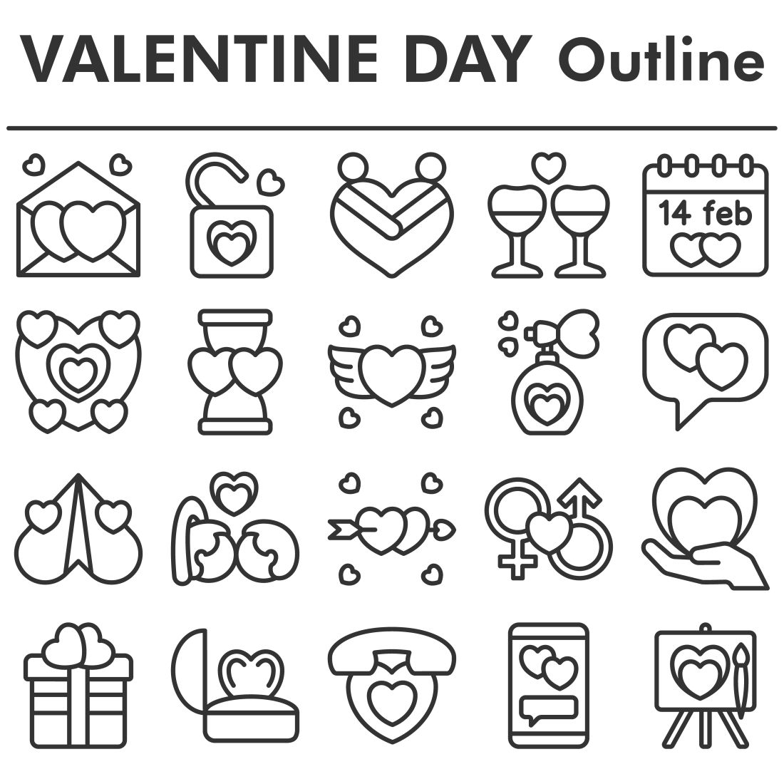 Valentines day icons set, outline style cover image.