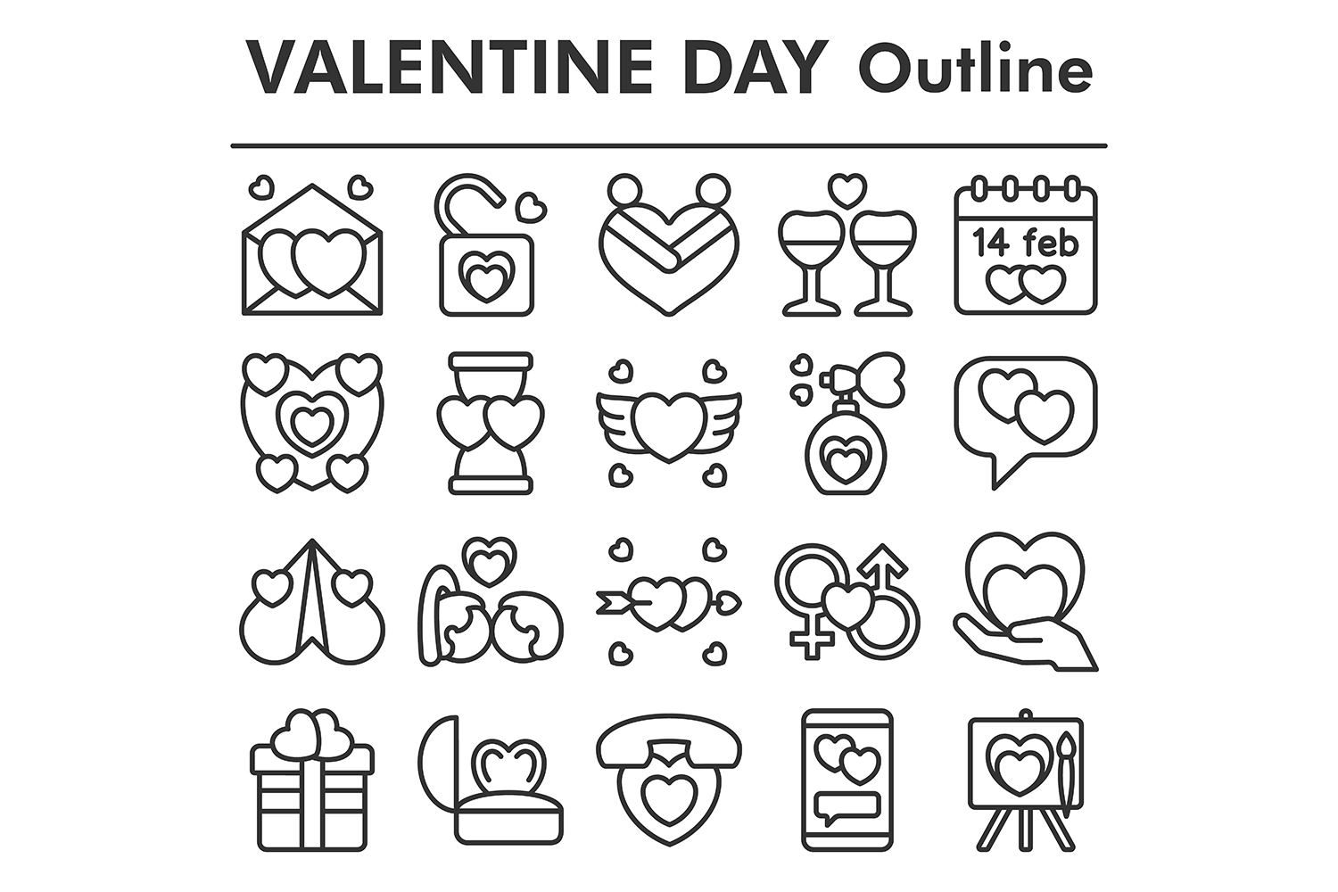Valentines day icons set, outline style pinterest preview image.