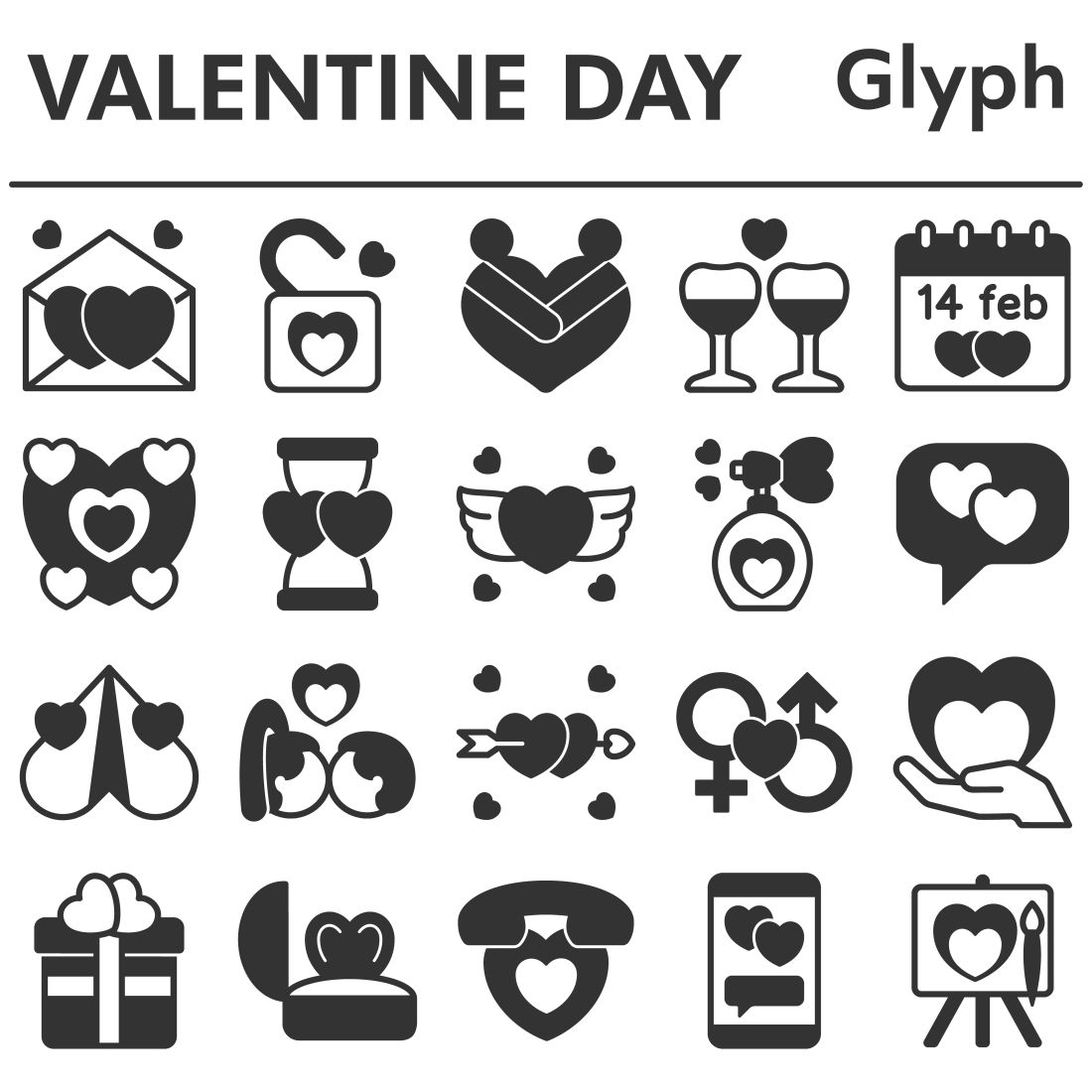 Valentines day icons set, glyph style cover image.