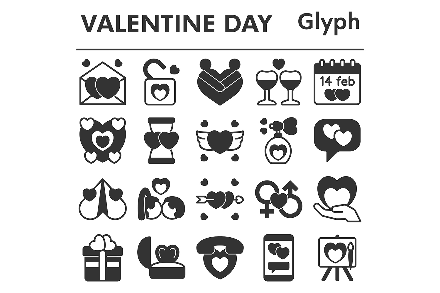 Valentines day icons set, glyph style pinterest preview image.
