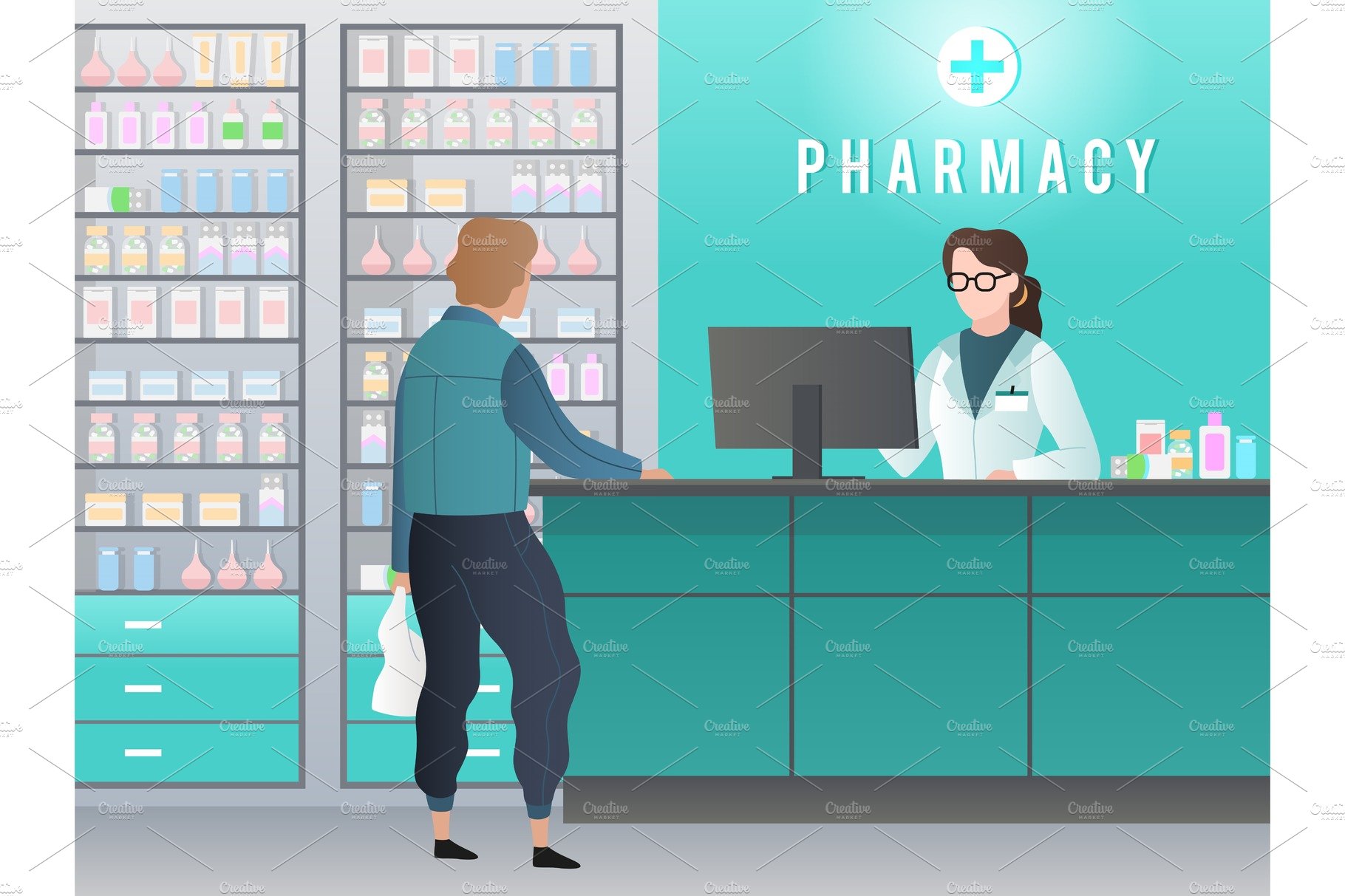 Drugstore. Pharmacy with pharmacist cover image.