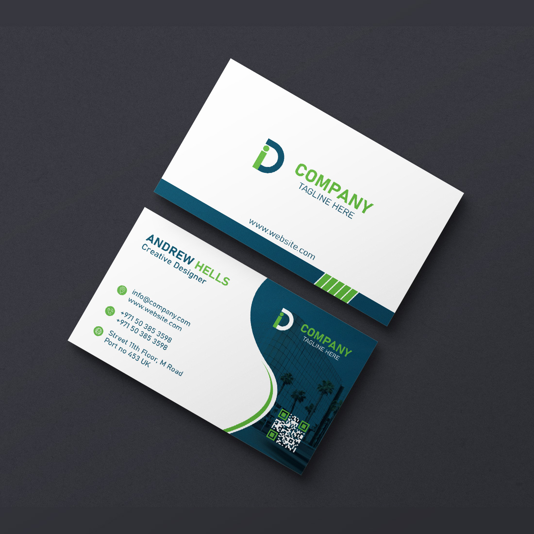 Business card with a green and white design.