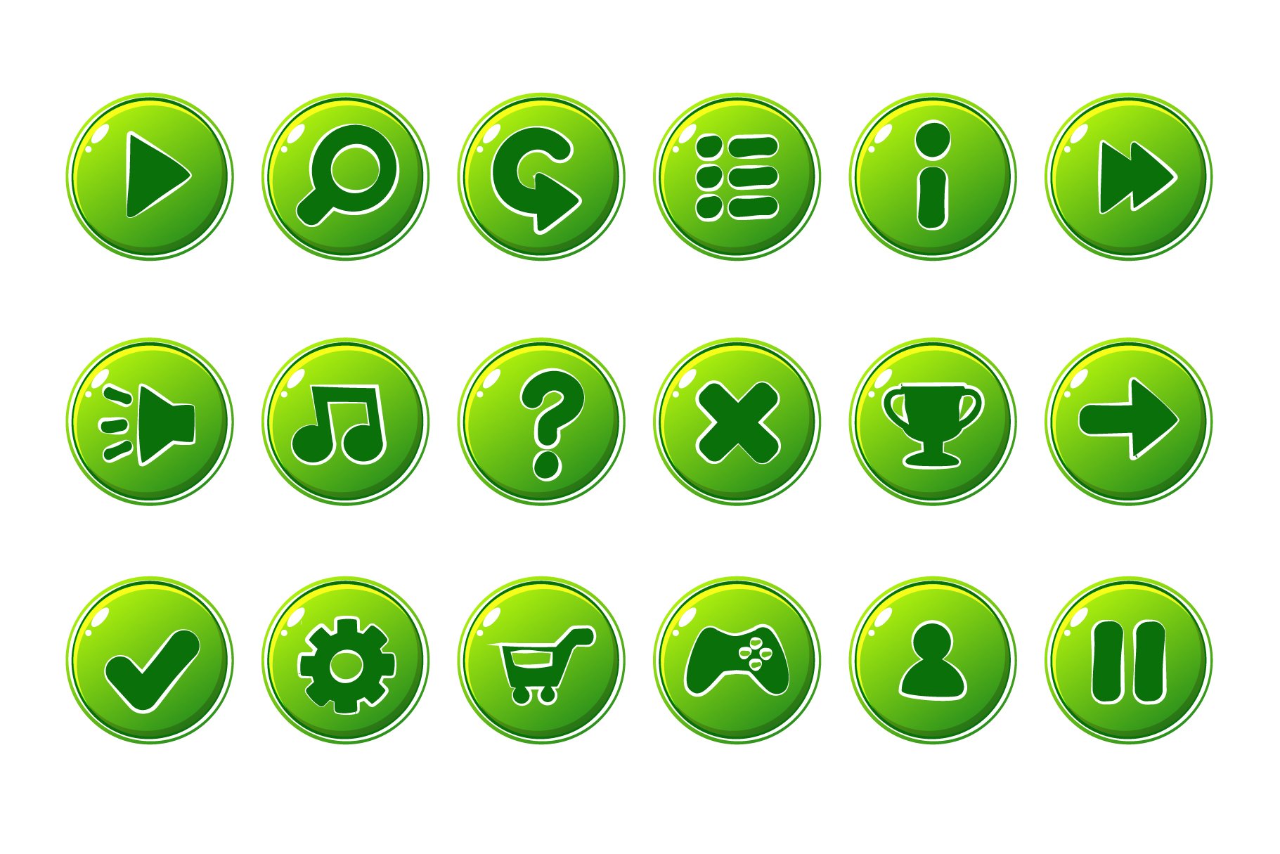 vector glossy green buttons for all kinds of casual cartoons elements for games assets 611