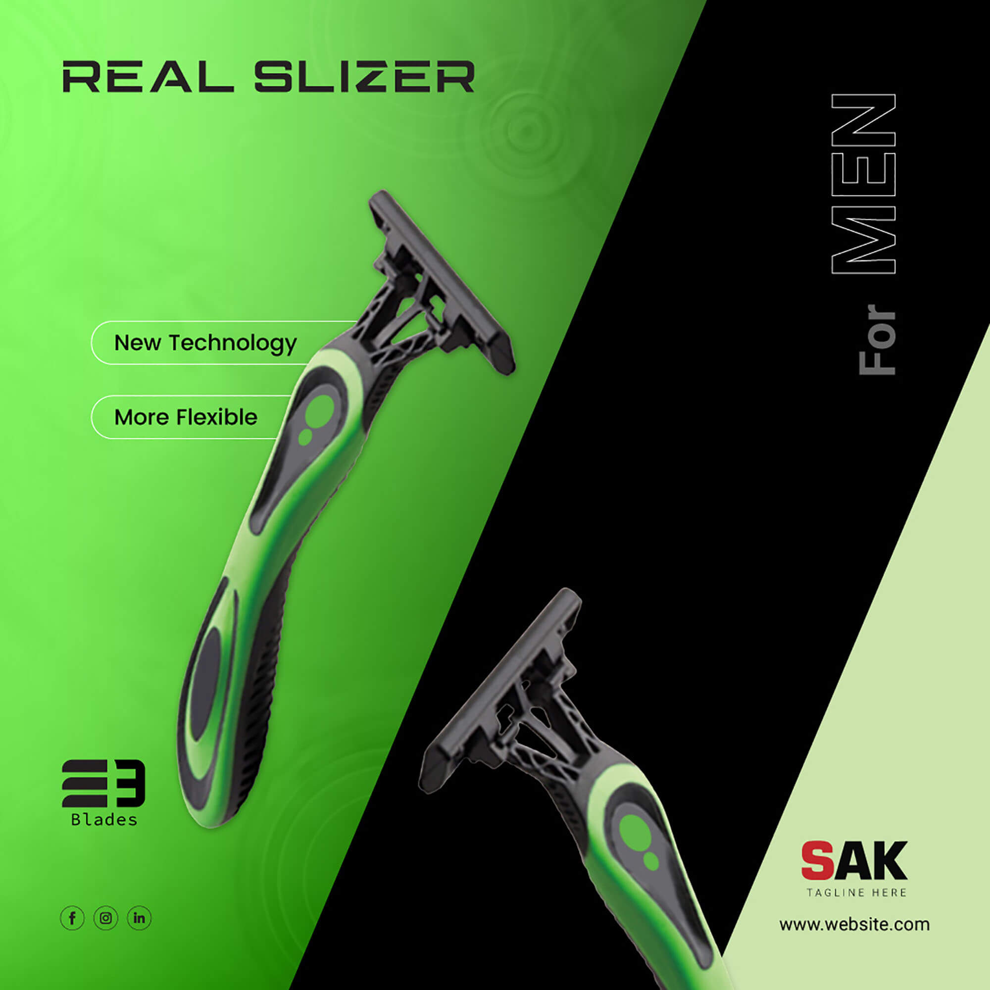 Green and black brochure with a razor blade.