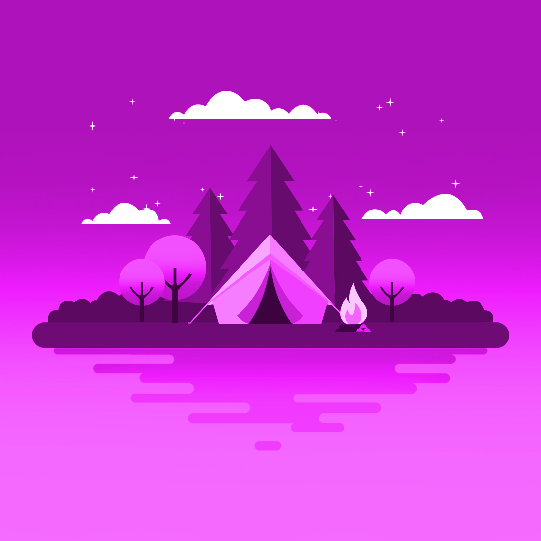 Purple background with a tent and trees.