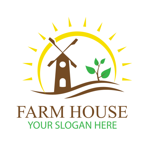 Farm house logo with a windmill and sun.