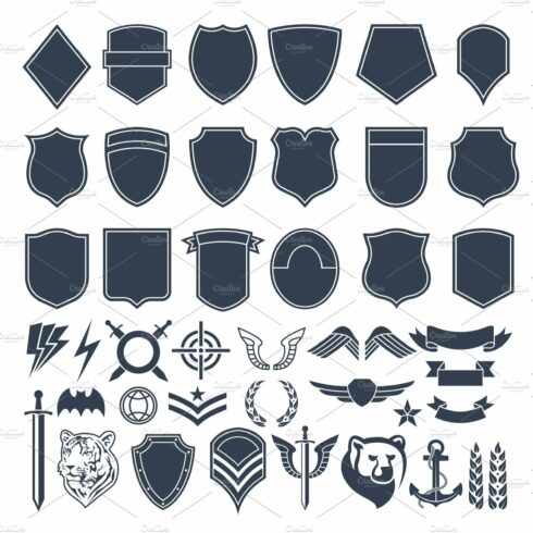 Set of empty shapes for military badges. Army monochrome symbols cover image.