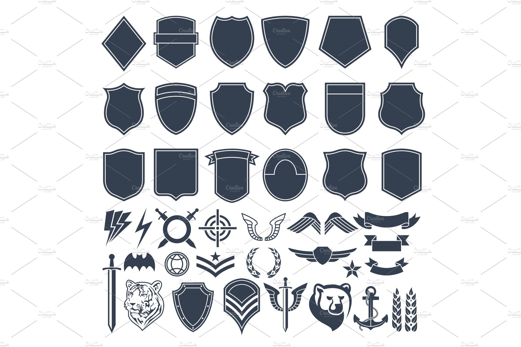 Set of empty shapes for military badges. Army monochrome symbols cover image.
