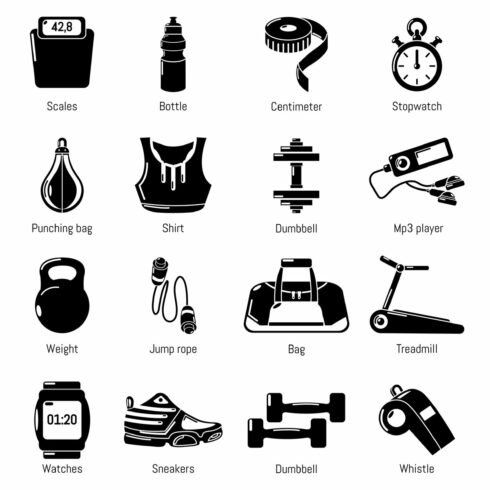 Gym sport icons set, simple style cover image.