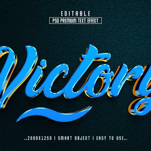 Blue and yellow script that reads victory.