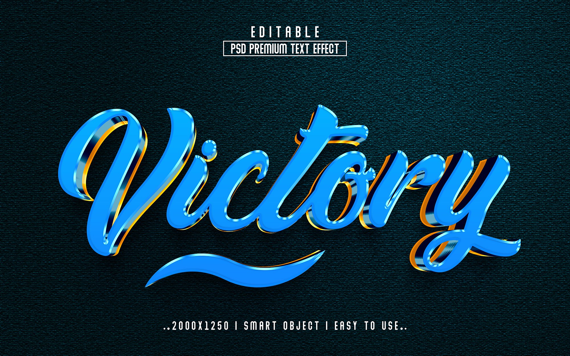 Blue and yellow script that reads victory.