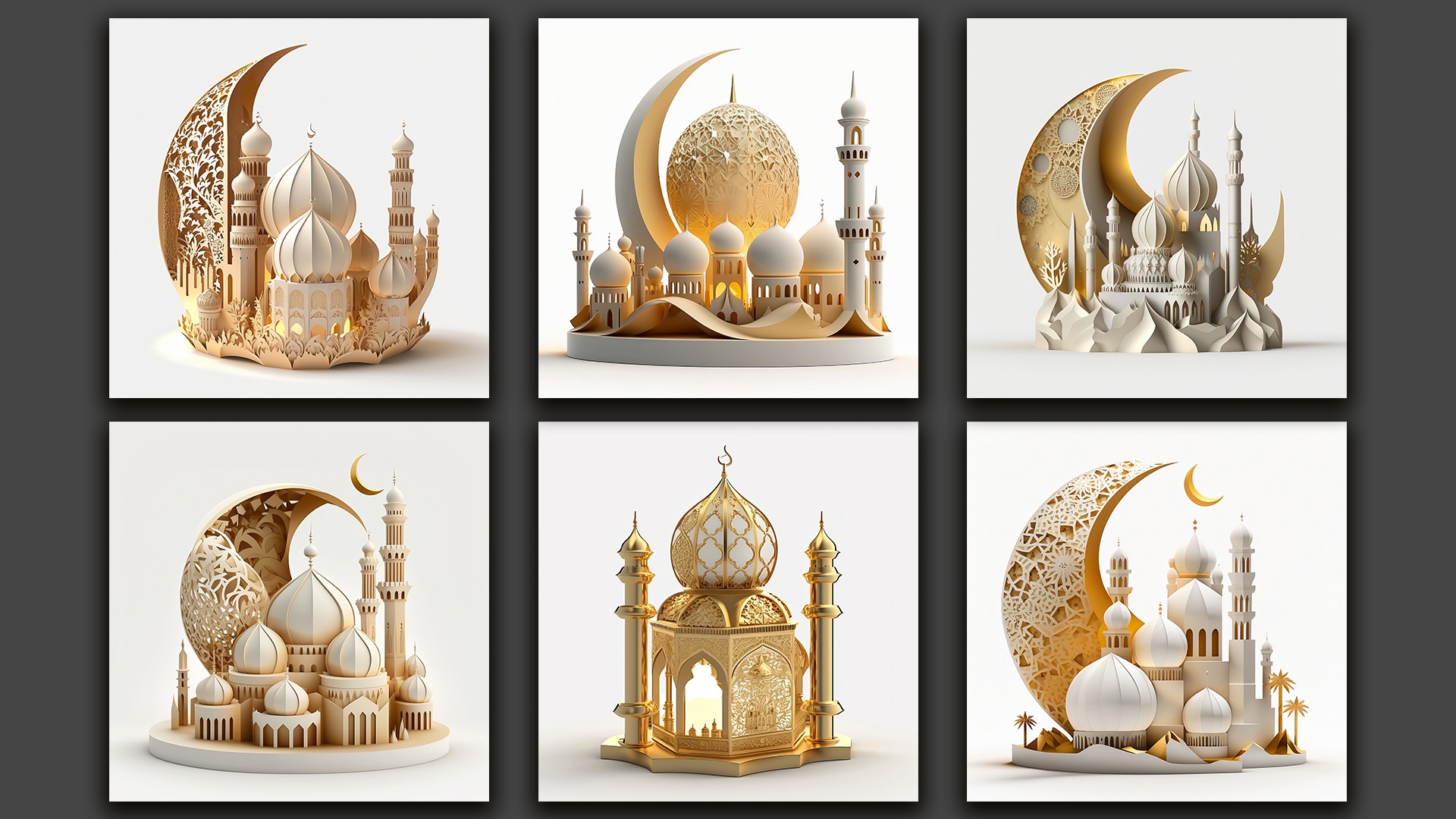 Series of photographs of a golden and white mosque.