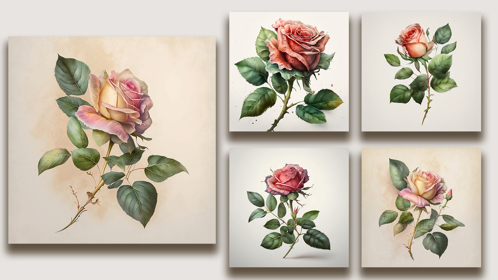 Four paintings of roses with green leaves on them.