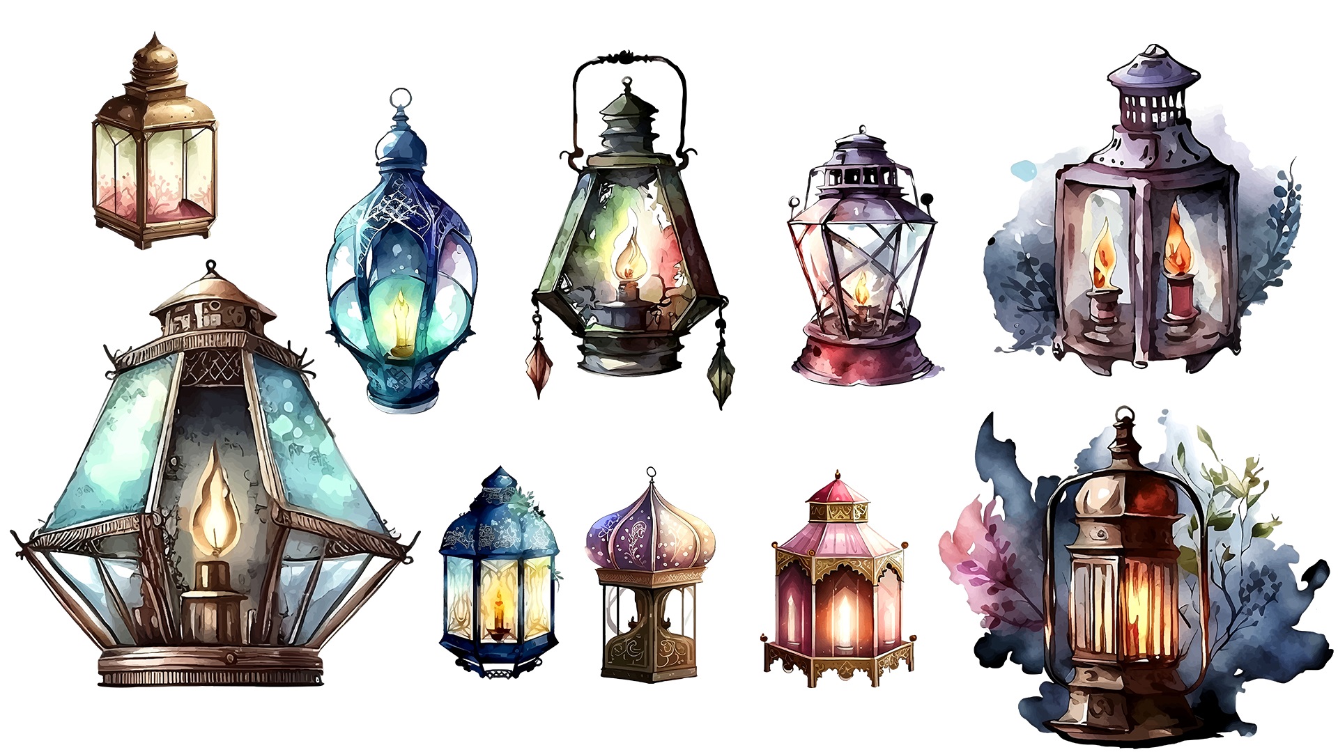 Bunch of different types of lanterns on a white background.