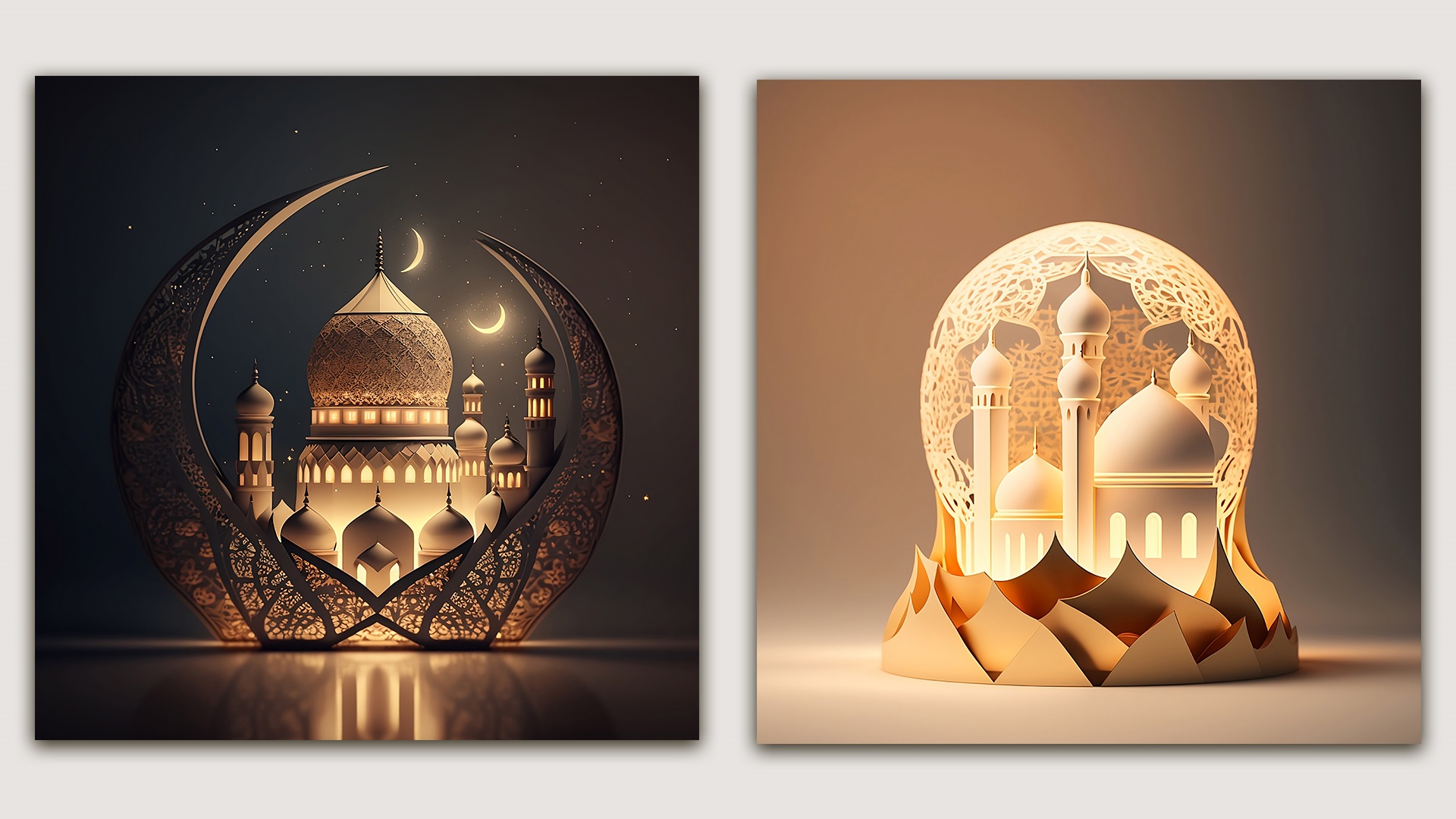 Paper cut of a mosque and a moon.