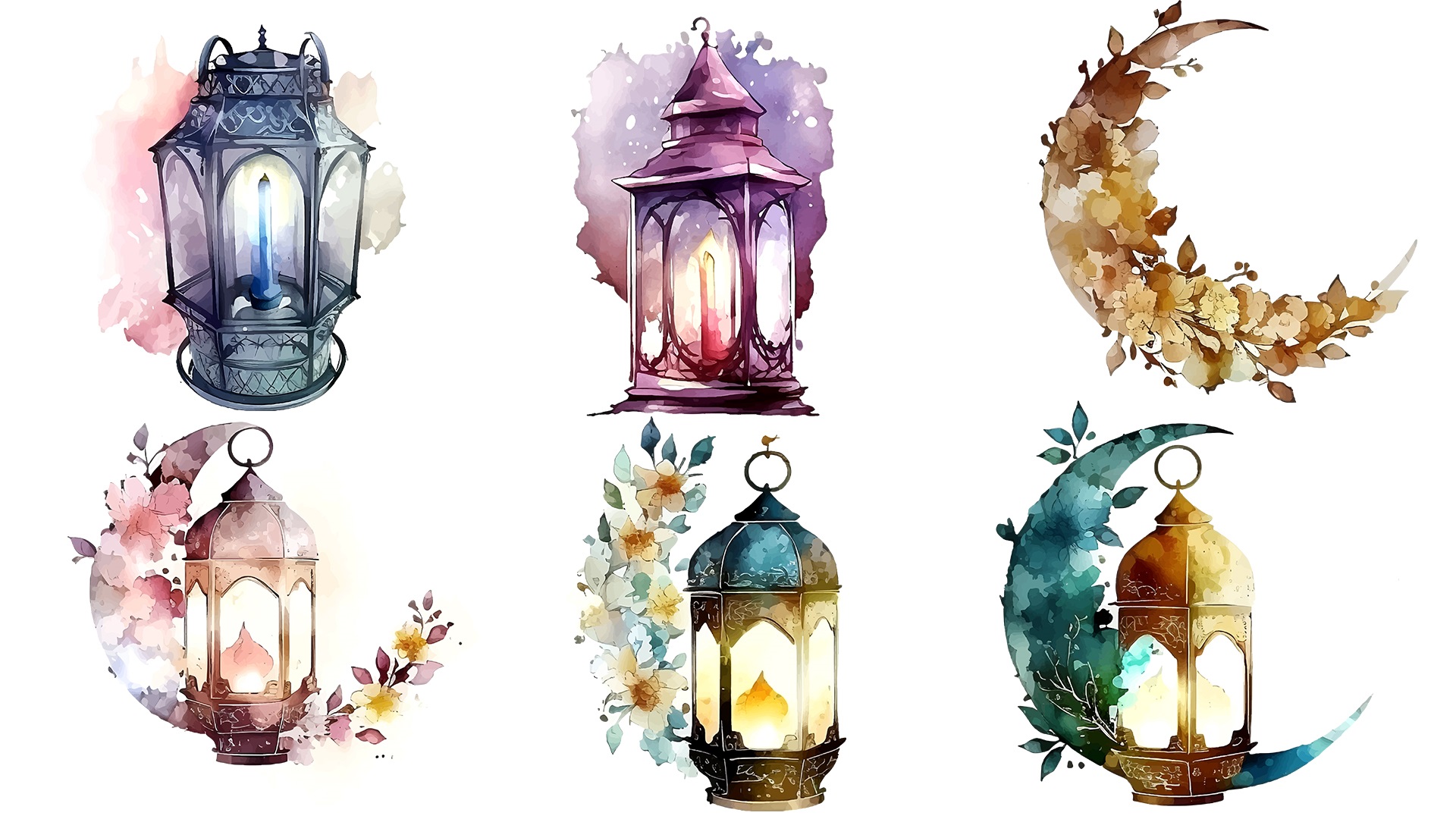 Set of four watercolor lanterns on a white background.
