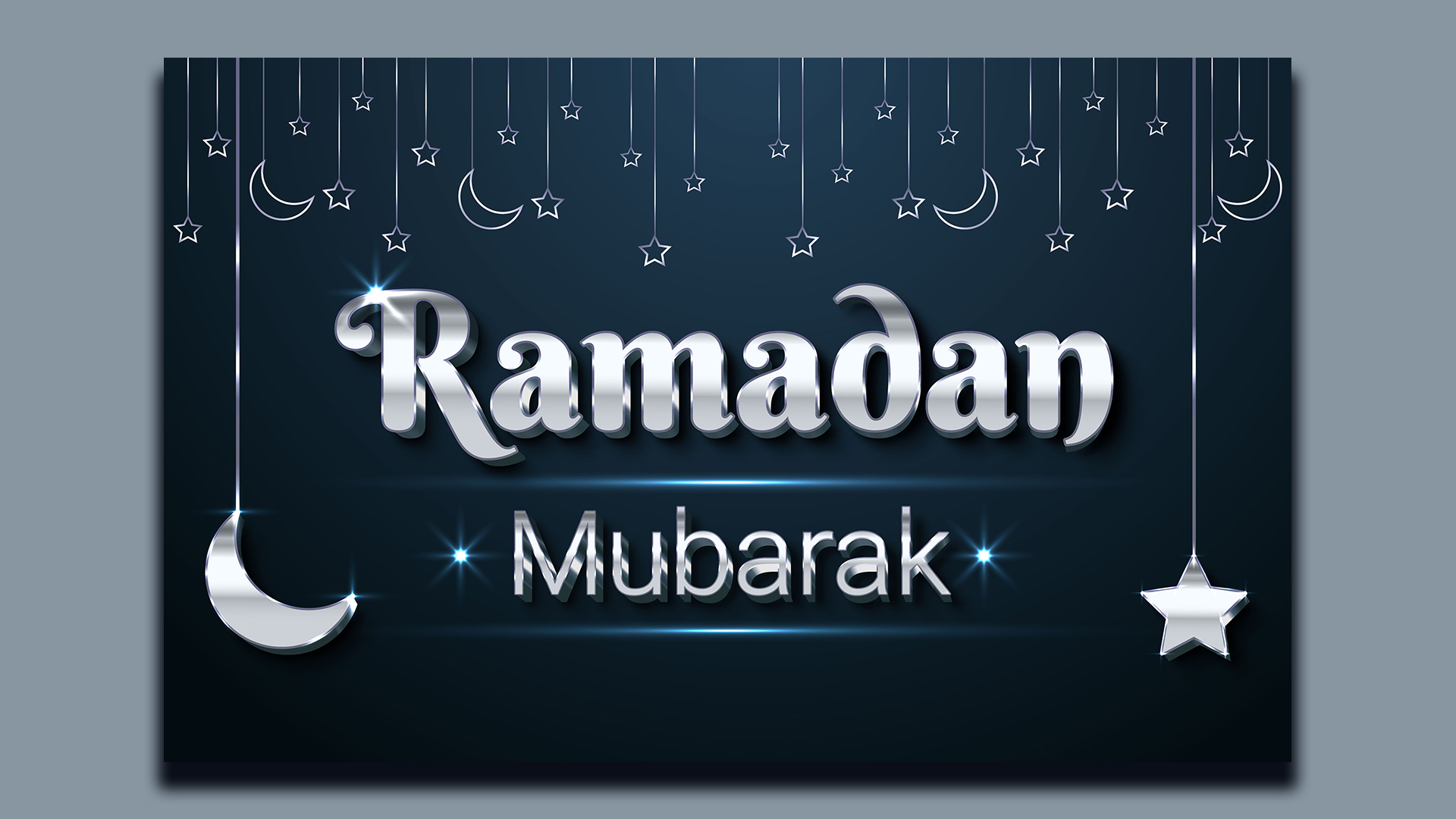 Rama mubarak greeting card with hanging stars and crescents.