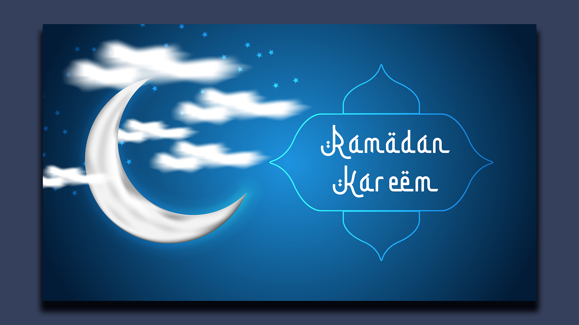 Ramadan kareem greeting card with a crescent and clouds.