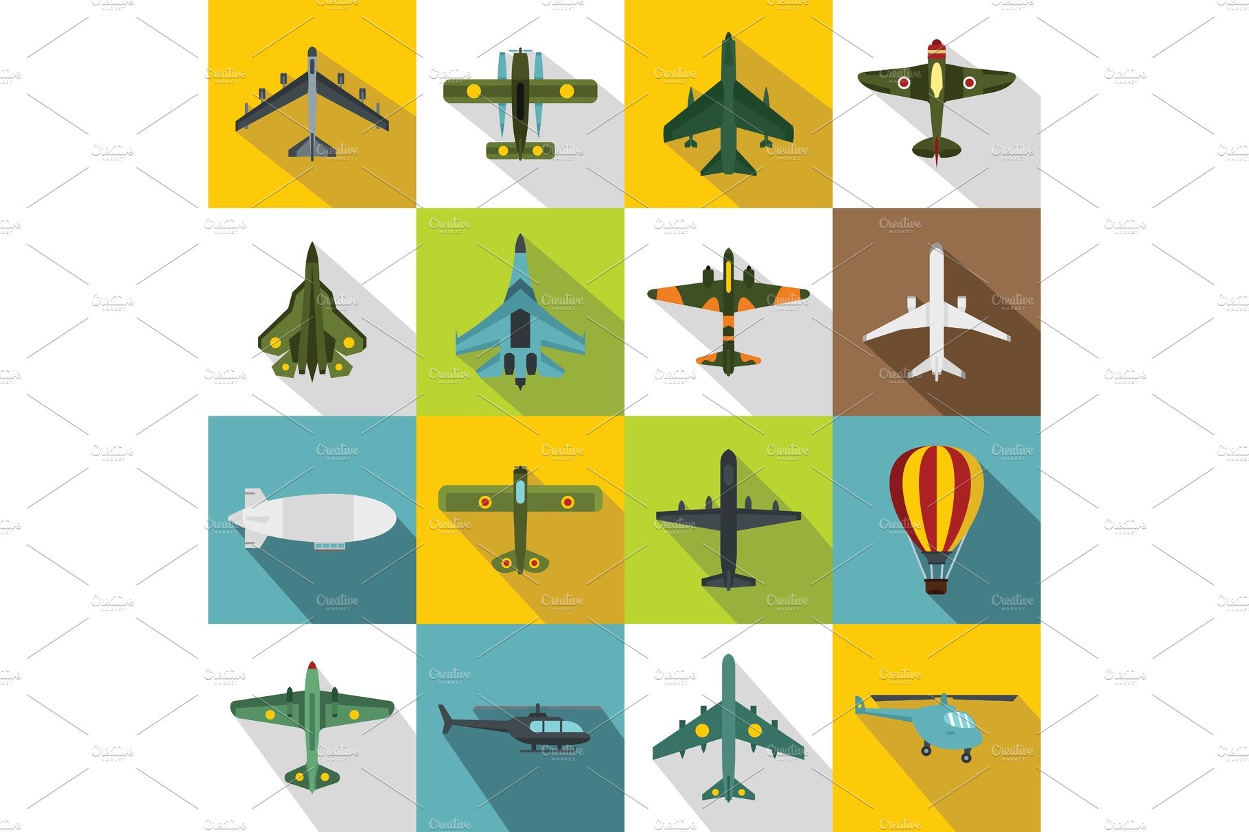 Aviation icons set, flat style cover image.