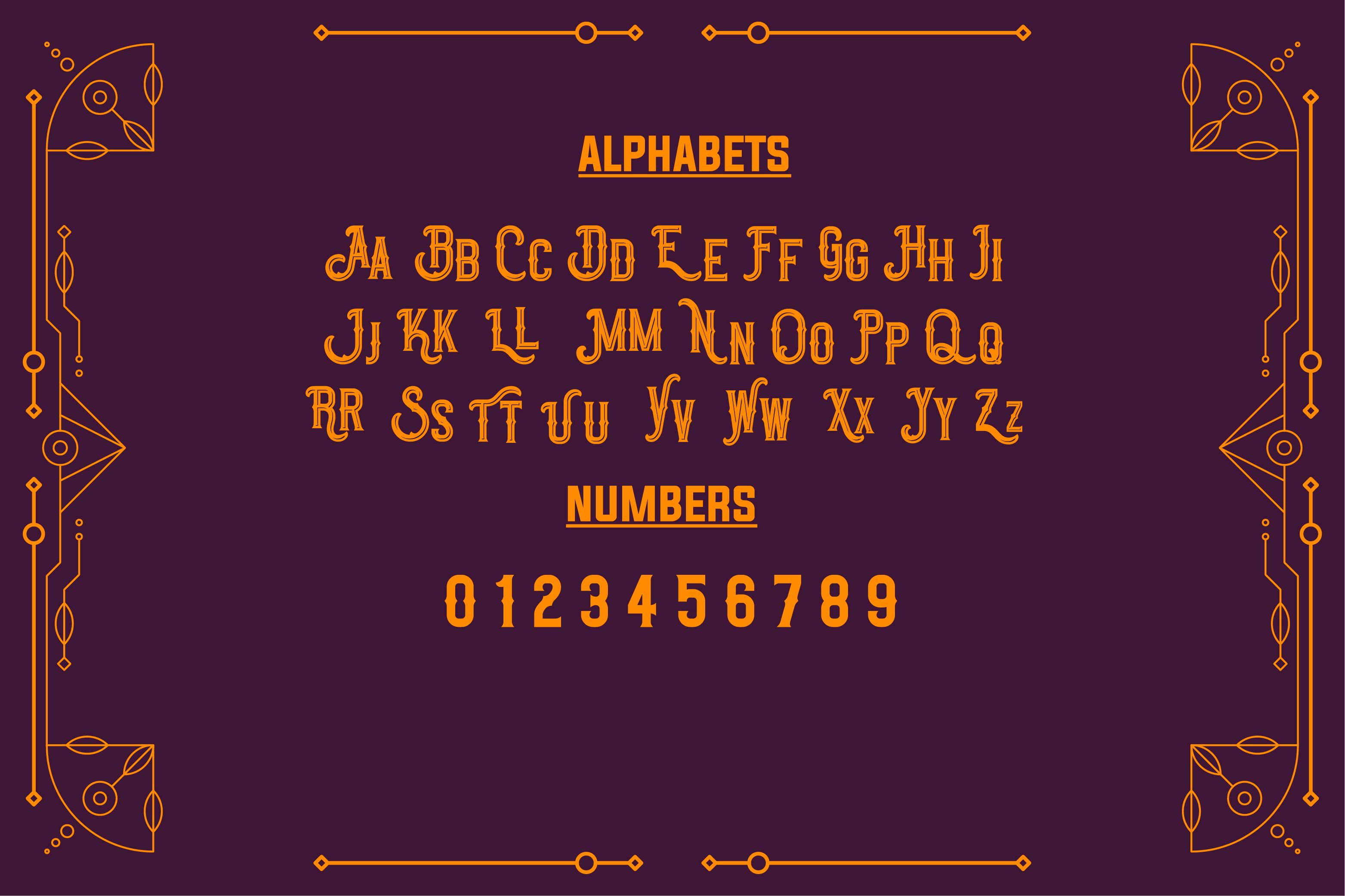 Purple background with orange letters and numbers.