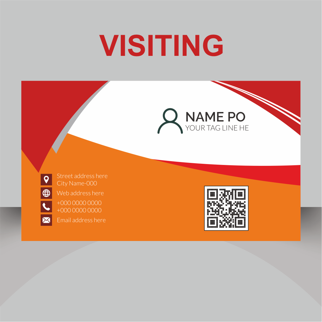 Business card with a red and orange design.