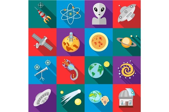 Space icons set, flat style cover image.