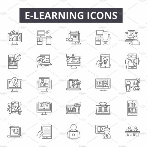 E learning line icons, signs set cover image.