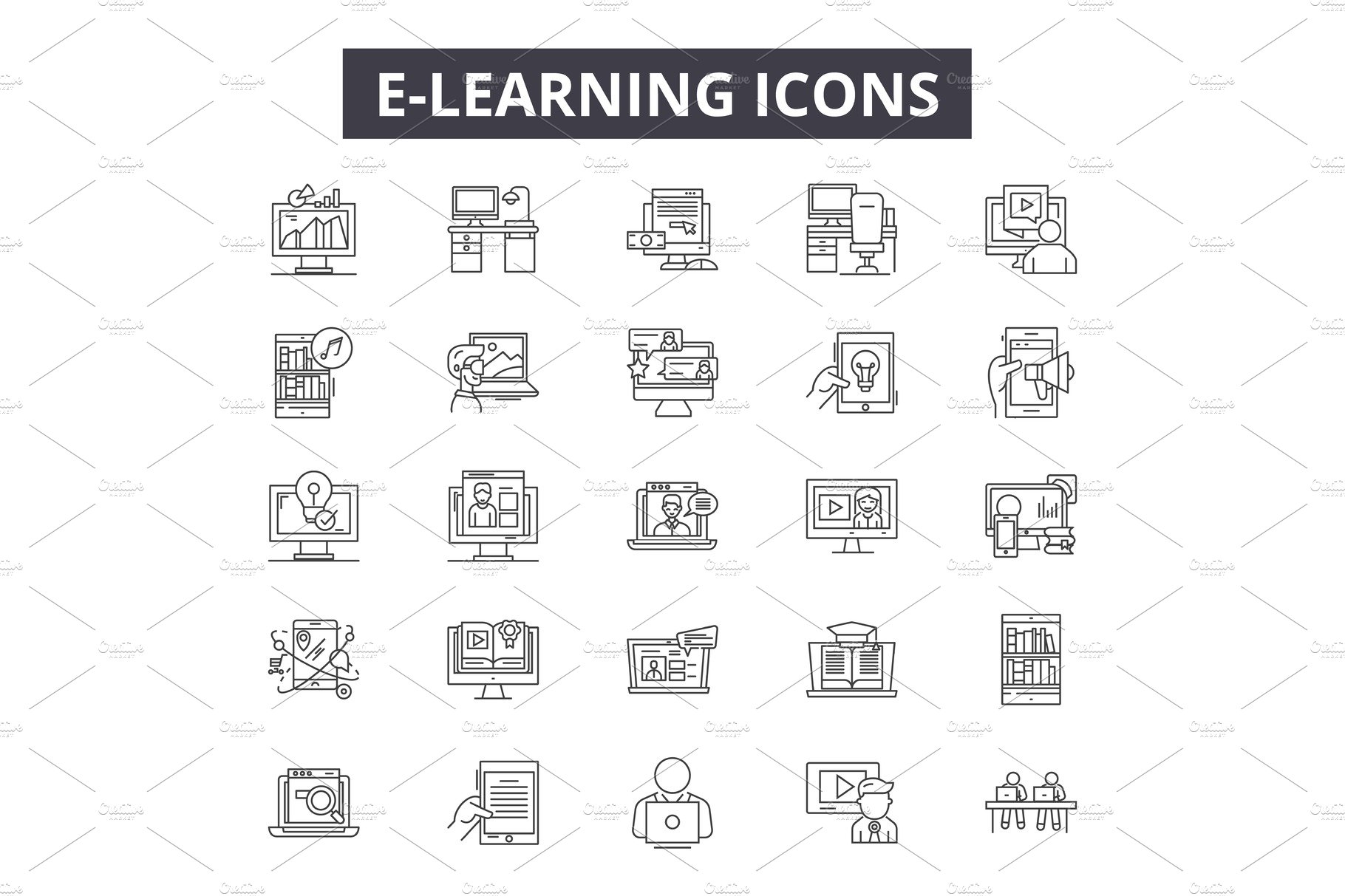 E learning line icons, signs set cover image.