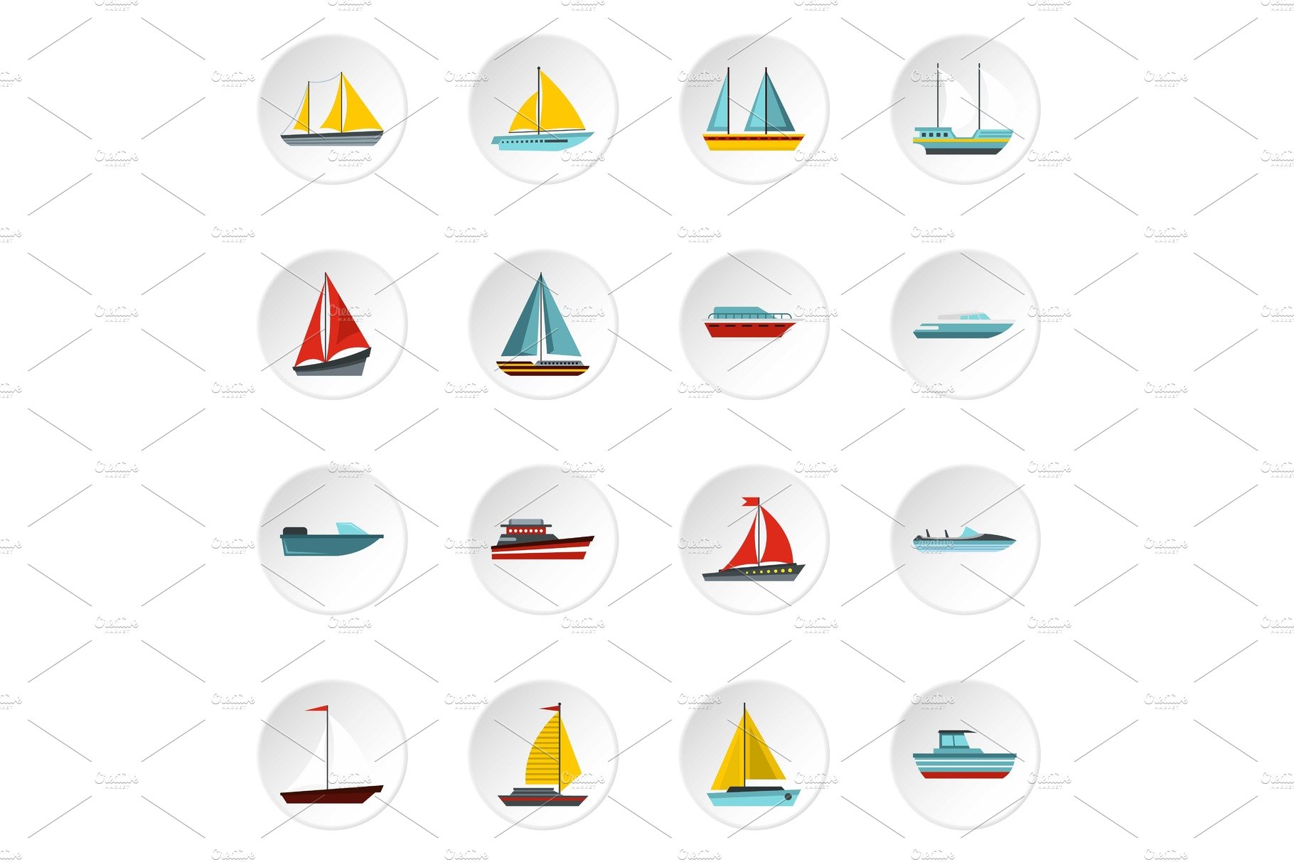 Ship and boat icons set, flat style cover image.
