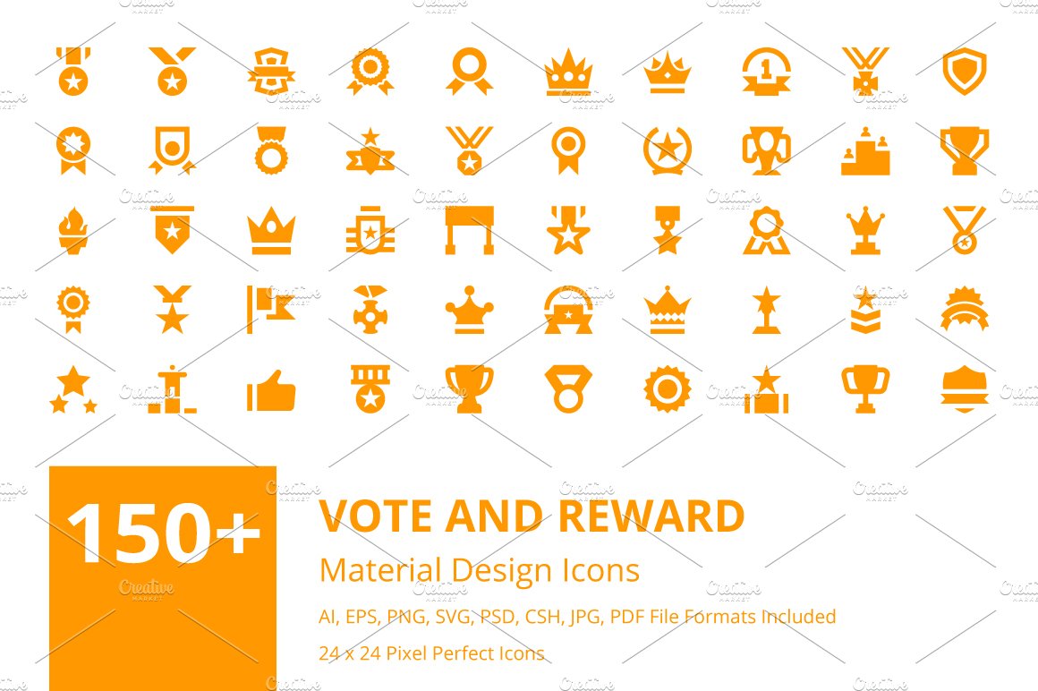 150+ Vote and Reward Material Icons cover image.