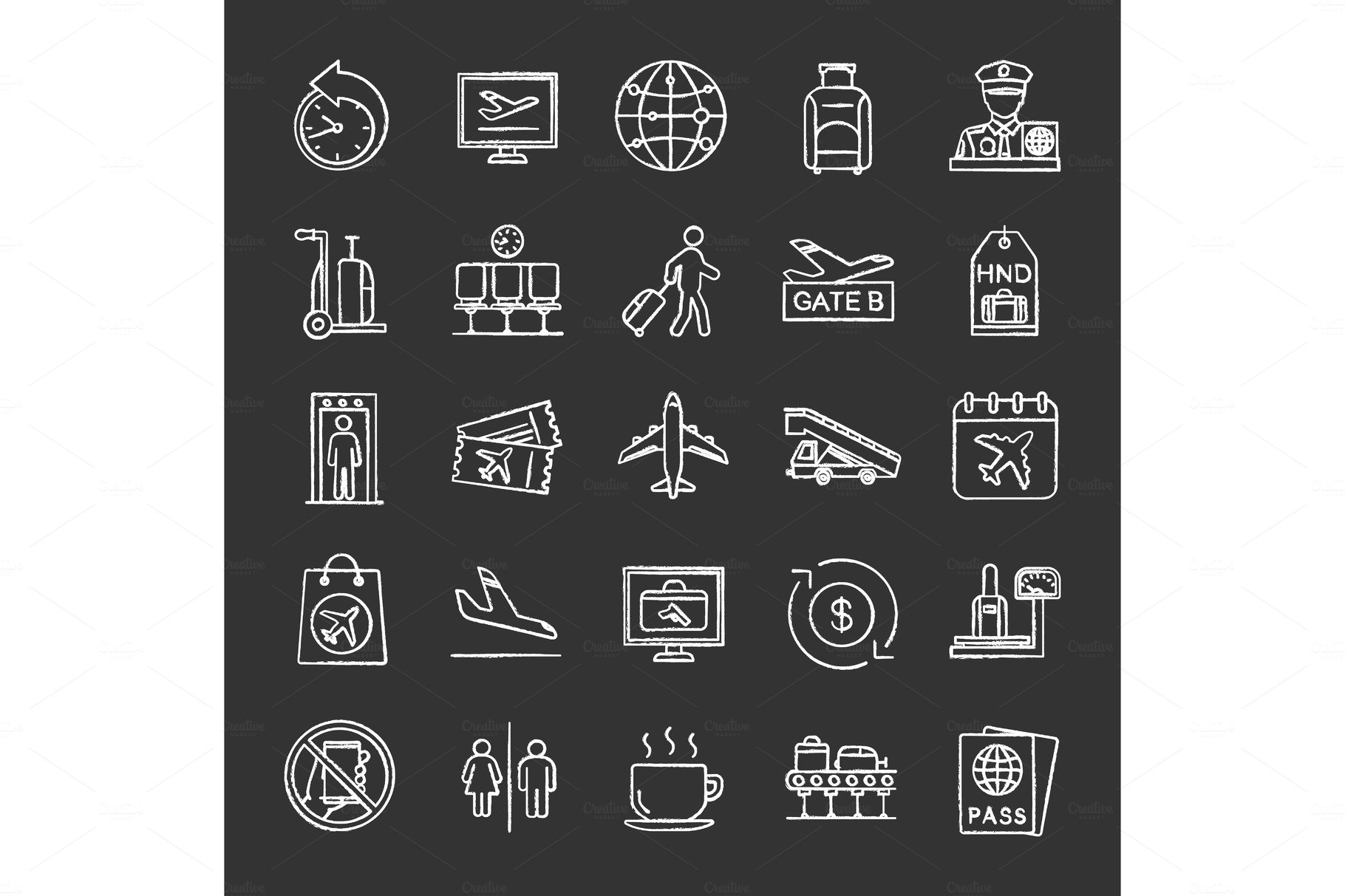 Airport service chalk icons set cover image.