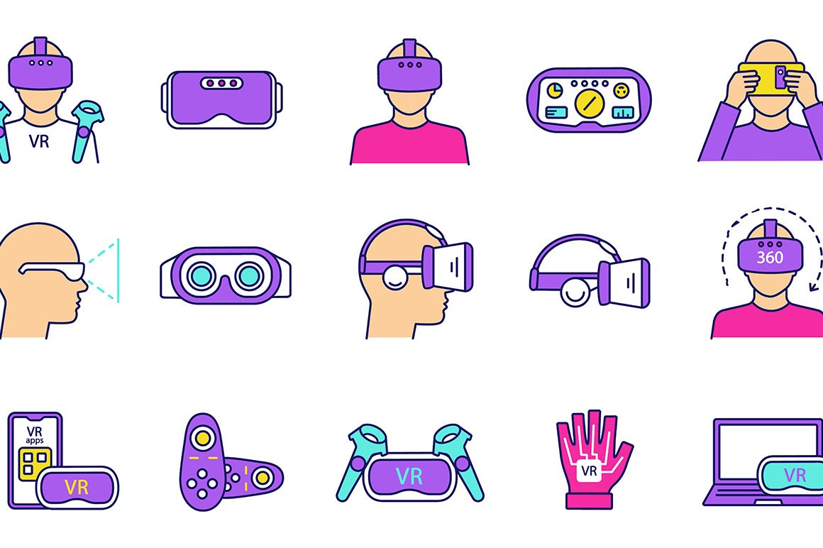 Virtual reality color icons set cover image.