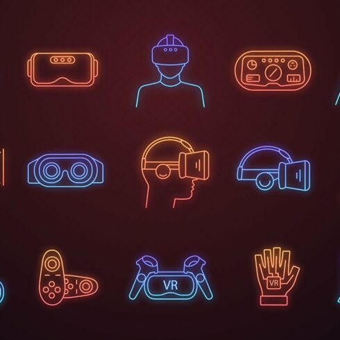 Virtual reality neon light icons set cover image.