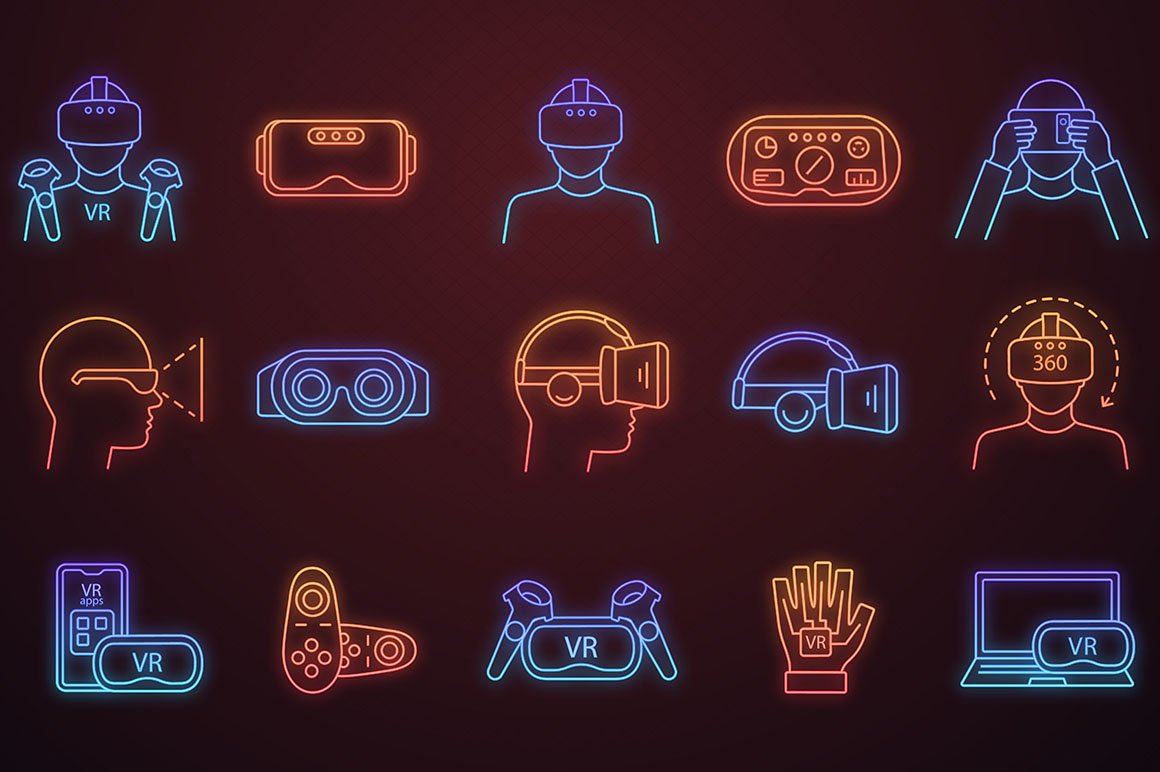 Virtual reality neon light icons set cover image.