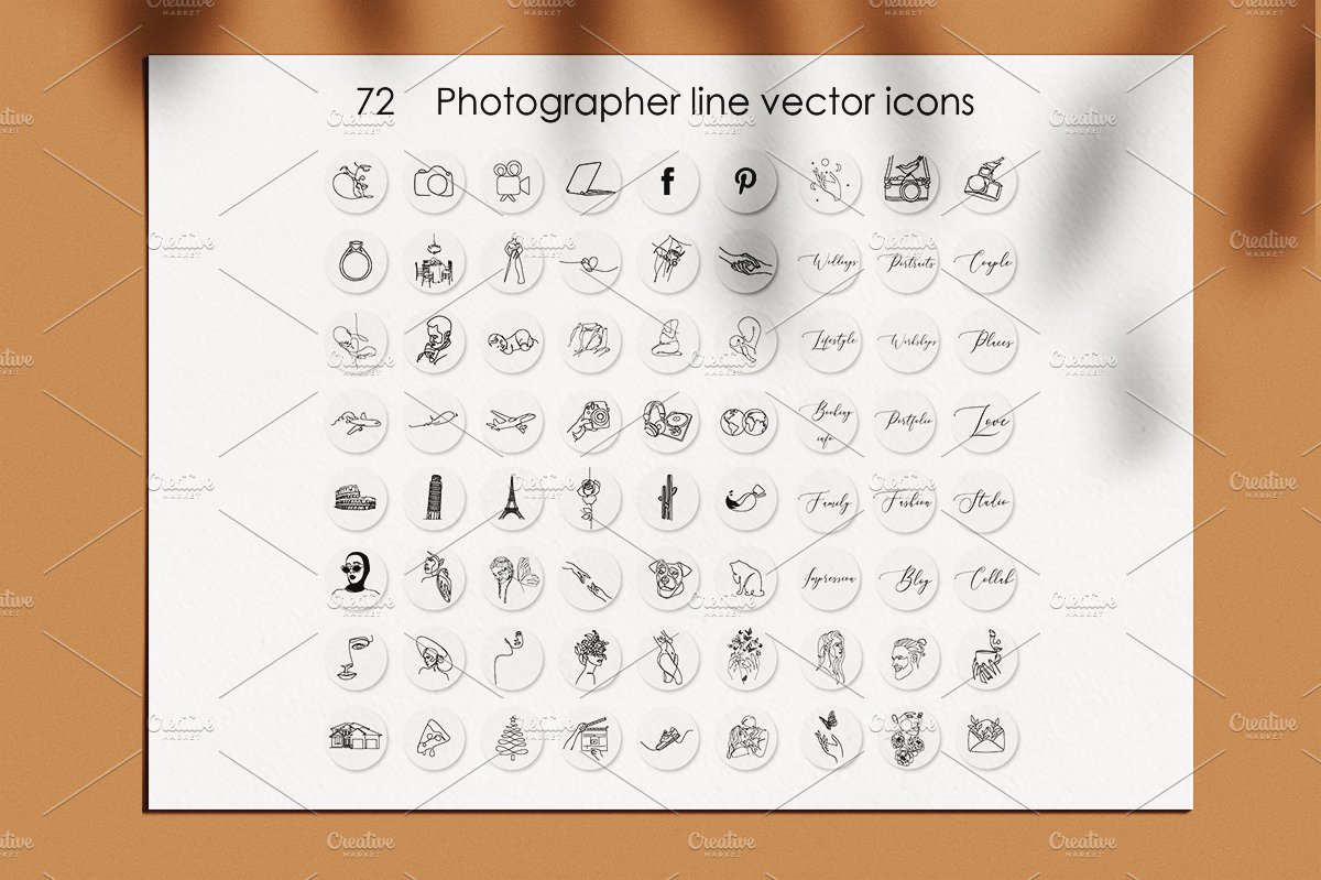 72 Photographer line vector icons cover image.