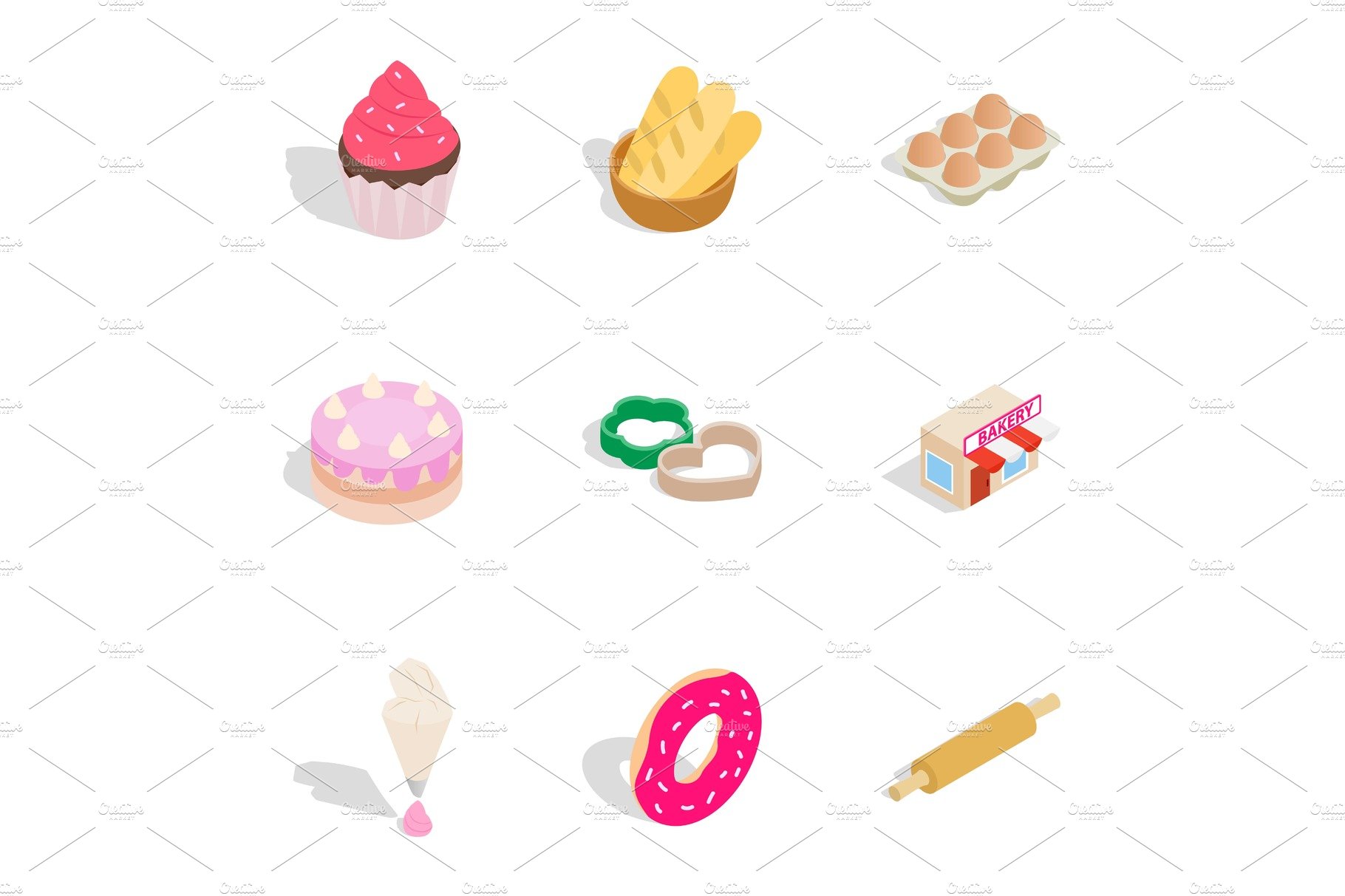 Bakery icons set, isometric 3d style cover image.