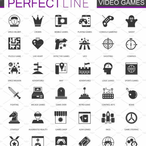 Black classic video games icons set cover image.