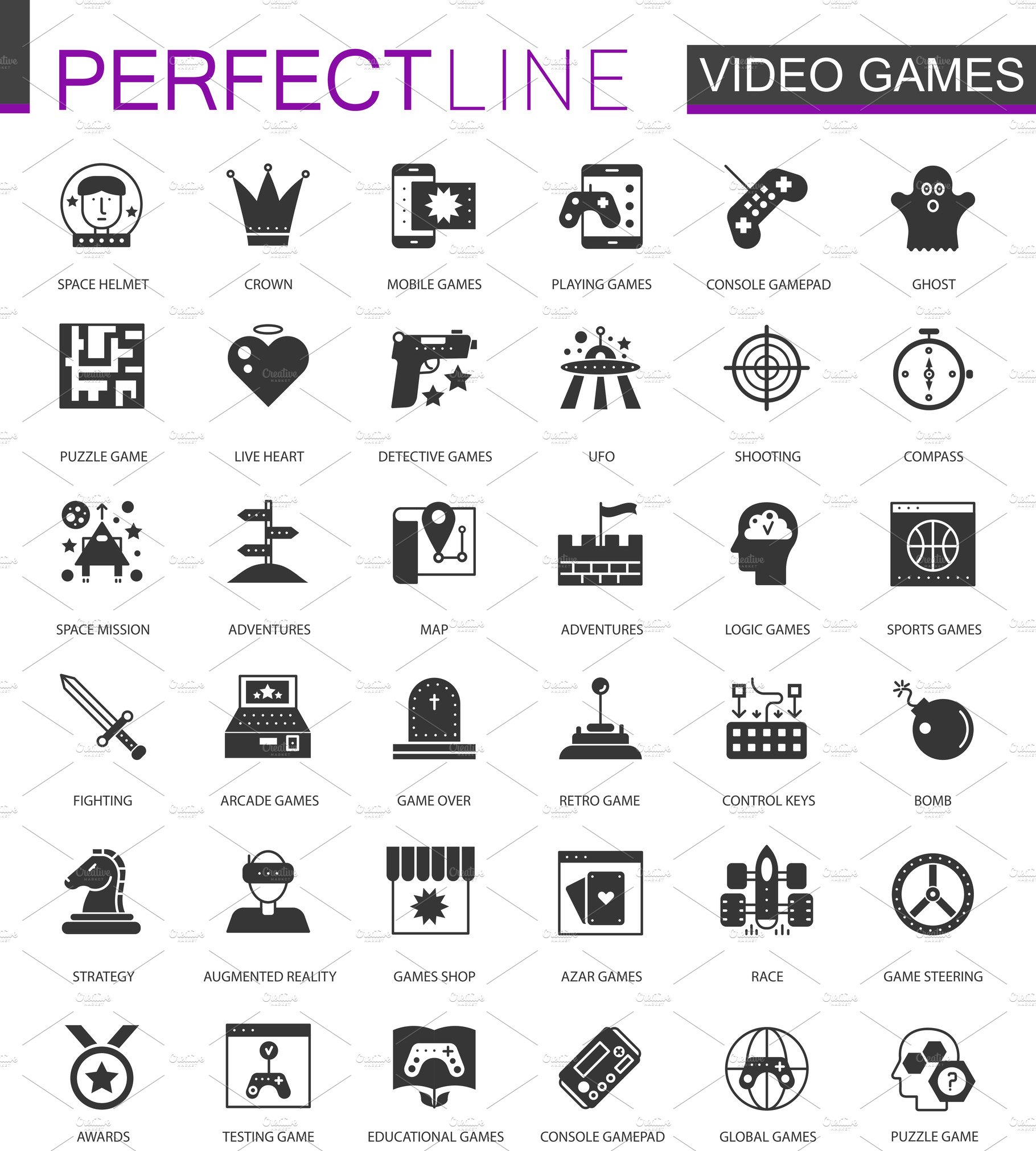Black classic video games icons set cover image.