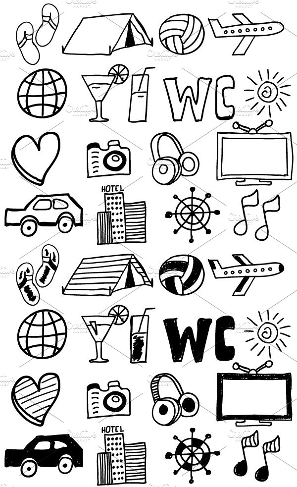 Travel and vacation doodle icons cover image.