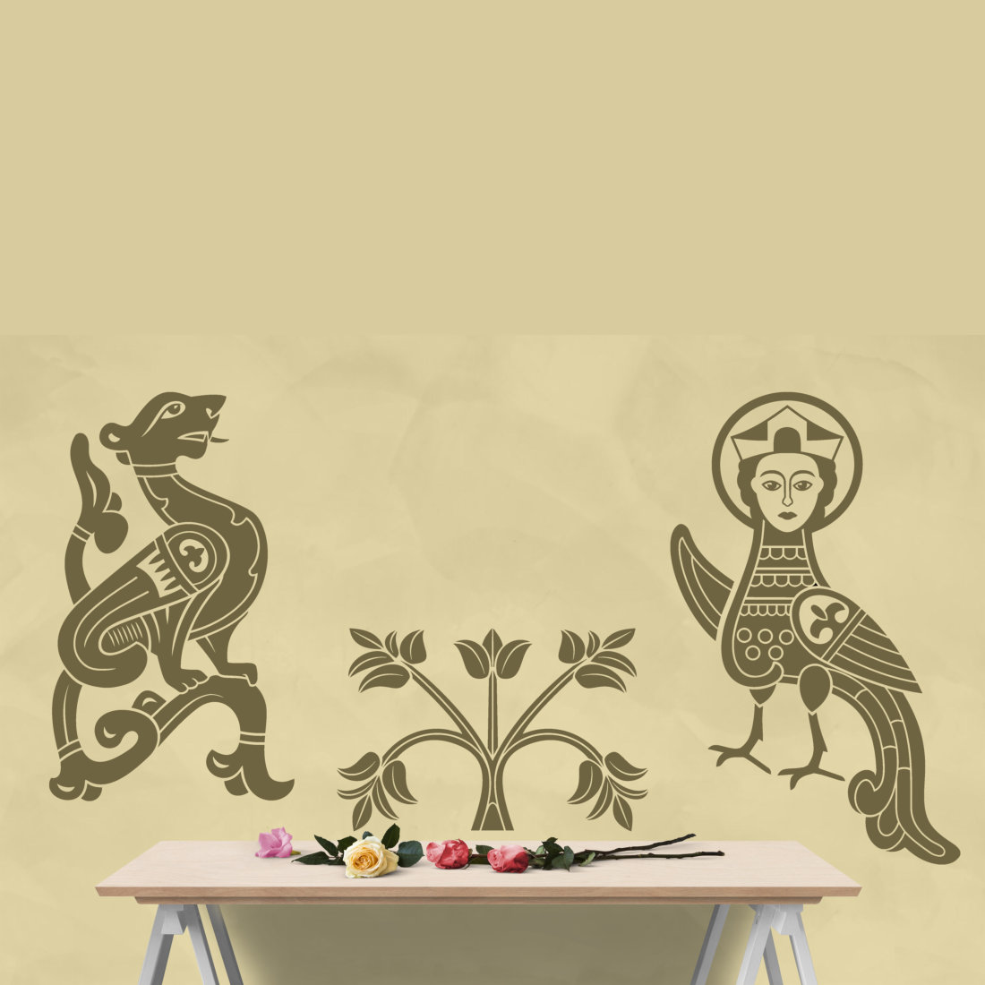Table with a vase and two birds on it.
