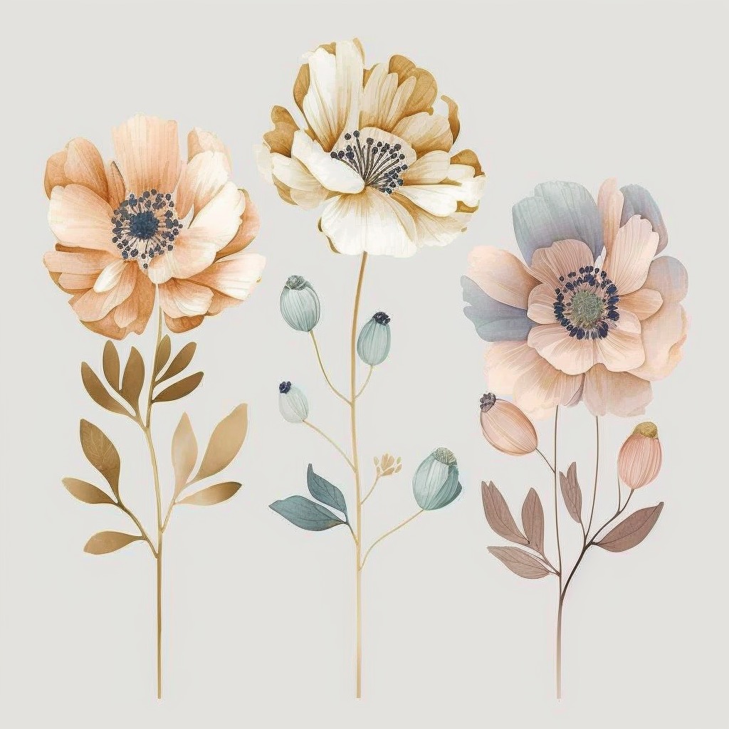 Group of flowers that are on a white background.