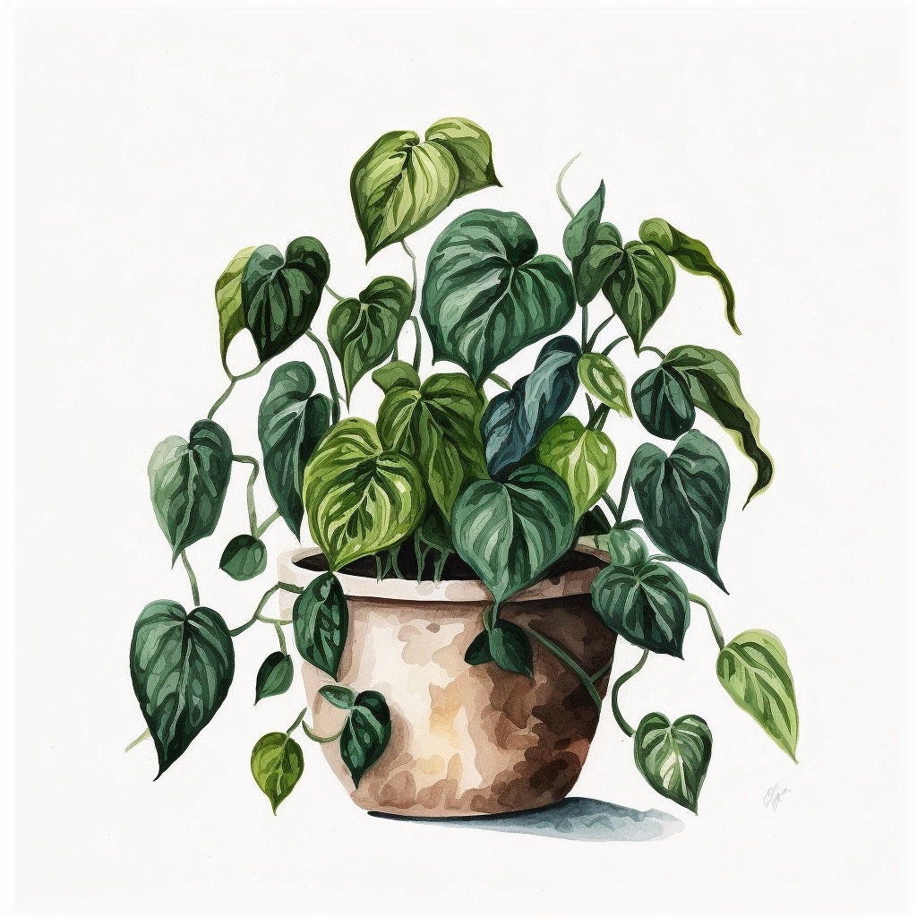 Painting of a potted plant with green leaves.