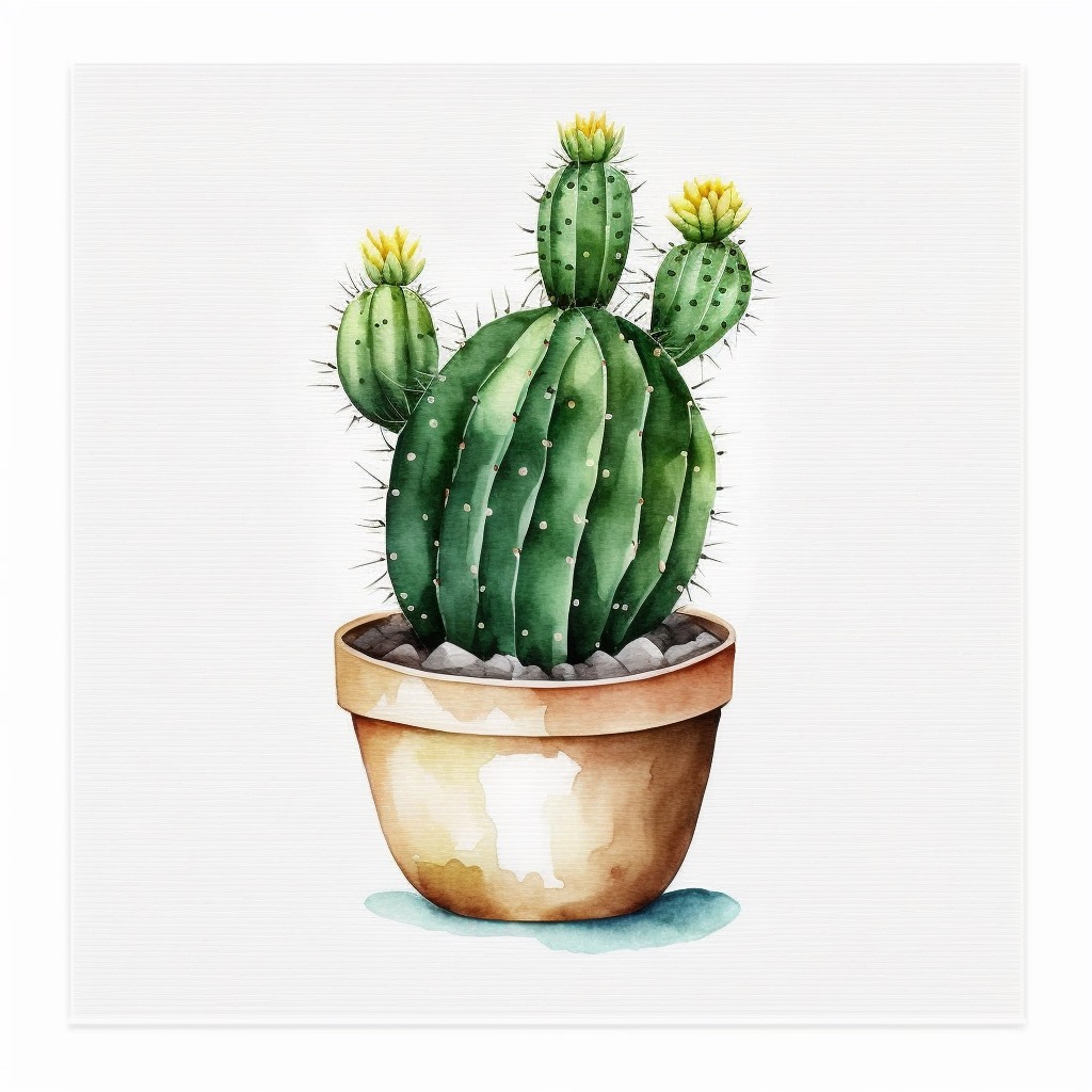 Watercolor painting of a cactus in a pot.